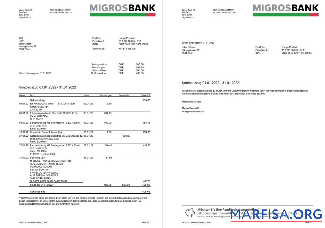 Realistic Switzerland Migrosbank statement word 2 pages template